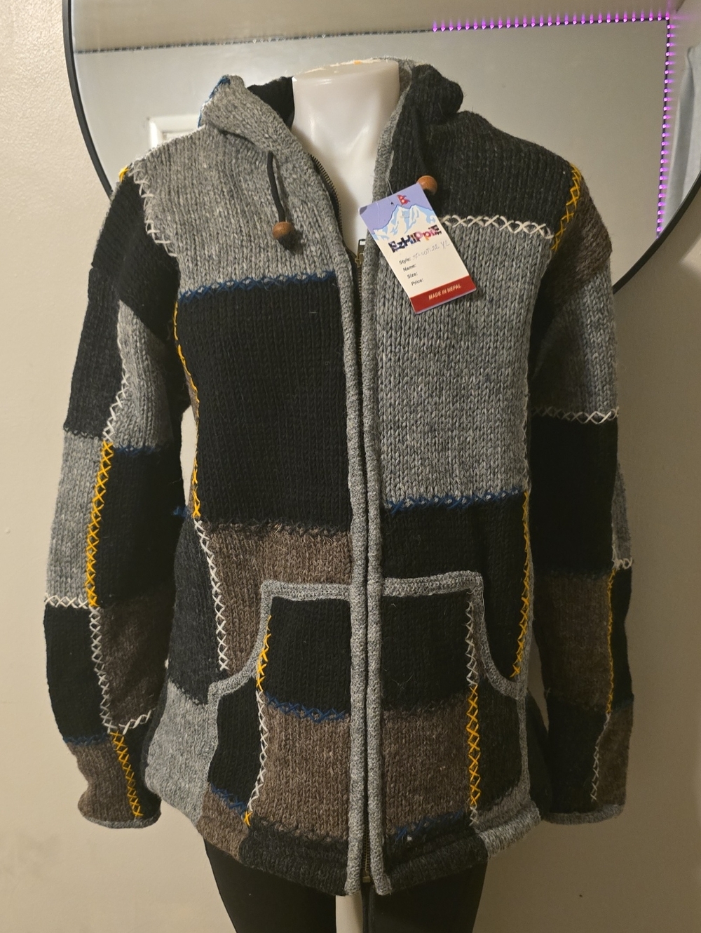 EzHippie 100% Wool Men's Hooded Patchwork Sweater Jacket - Gray/Black